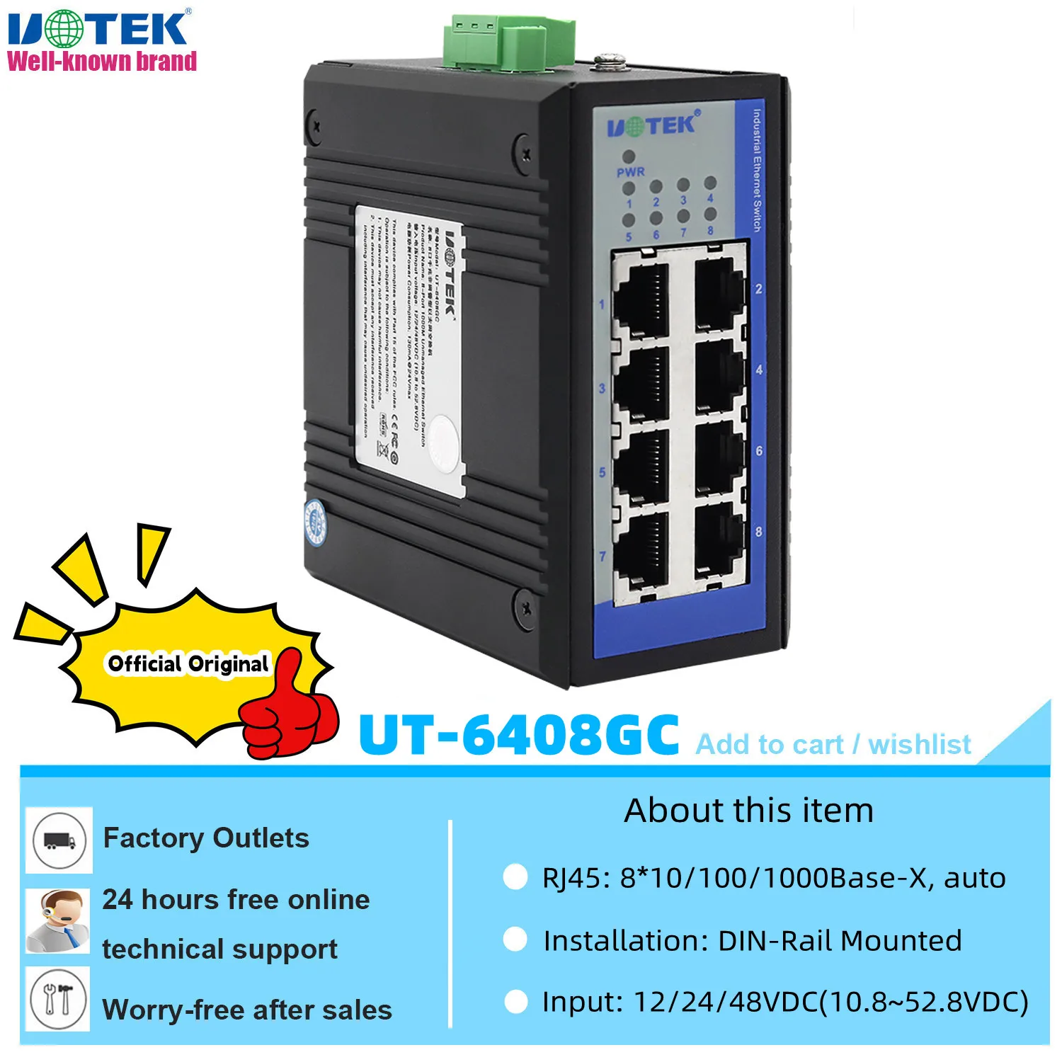 

UOTEK 1000M Industrial Ethernet Switch Gigabit 8 Port RJ45 Network Unmanaged DIN-Rail Full Half Duplex Plug and Play UT-6408GC
