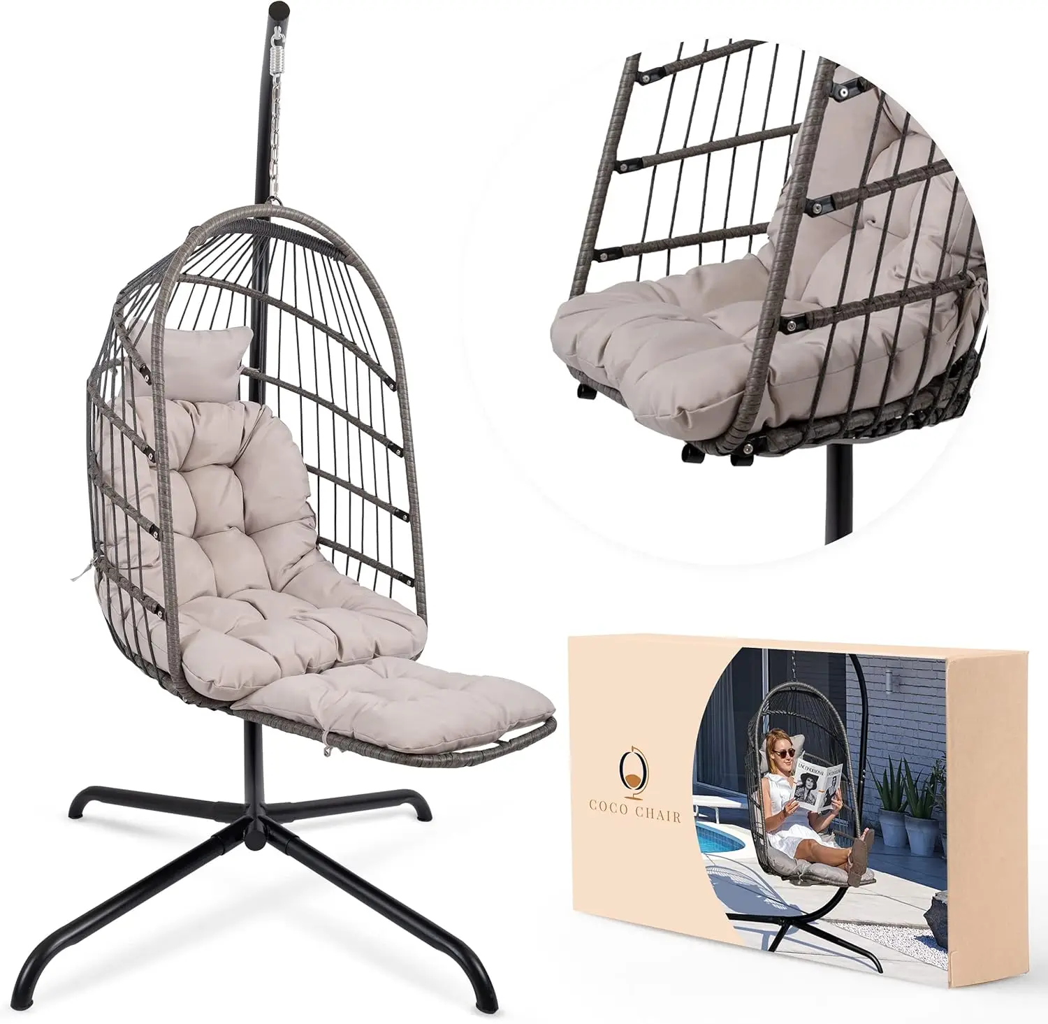 Hanging Swing Egg Chair with Stand & Leg Rest | Gray Egg Chair Outdoor with Included Pillow | for Outdoor and Indoor| Foldable