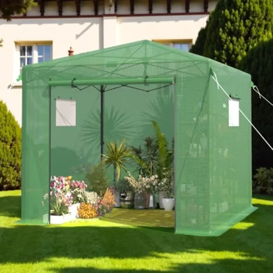 Outdoor portable walk-in greenhouse with PE cover, green color, quick setup and roll-up zipper door for garden and backyard use