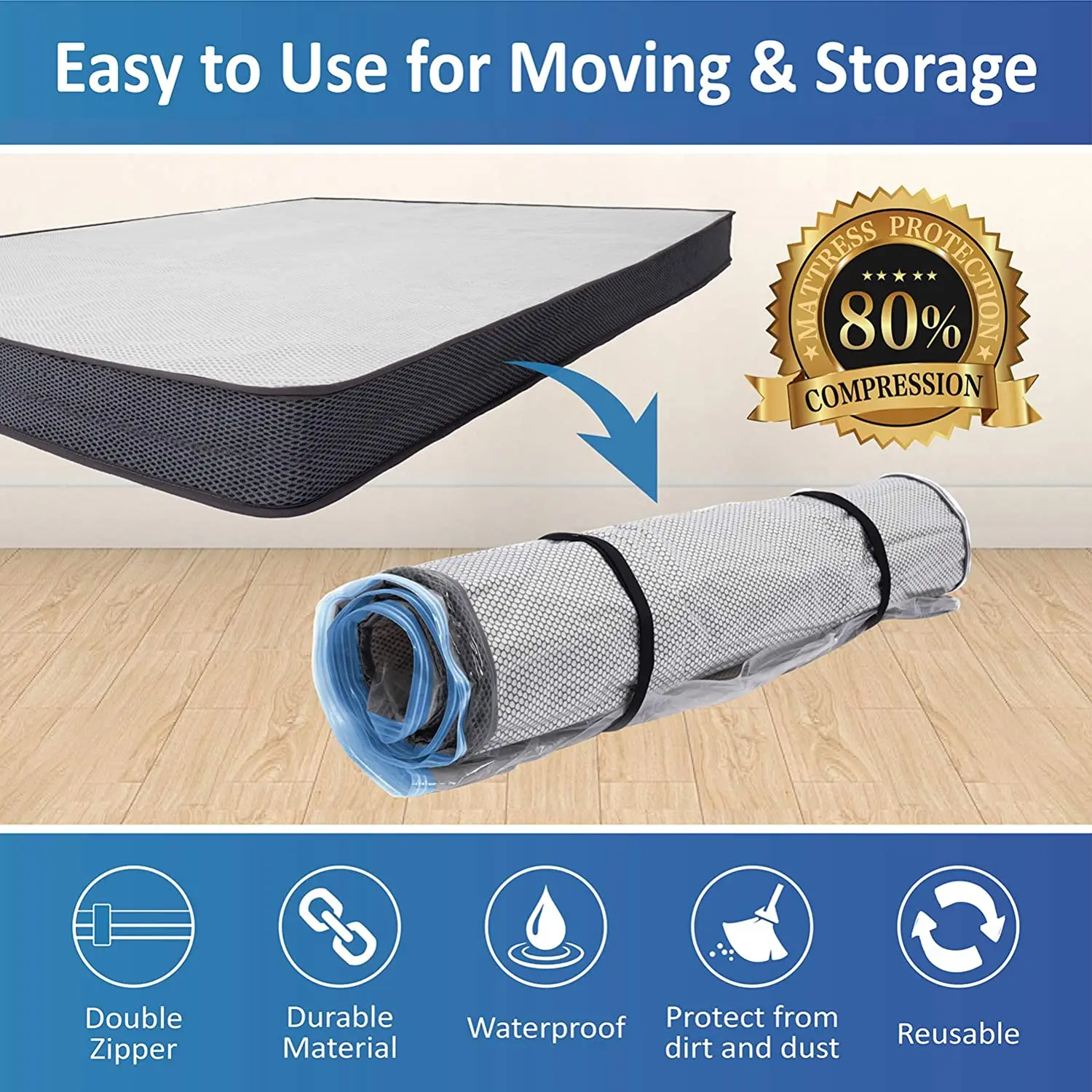 Mattress Vacuum Storage Bag for Foam Latex Mattress Quilt Space Saver for Moving,Storage,and Shipping with 2 Straps