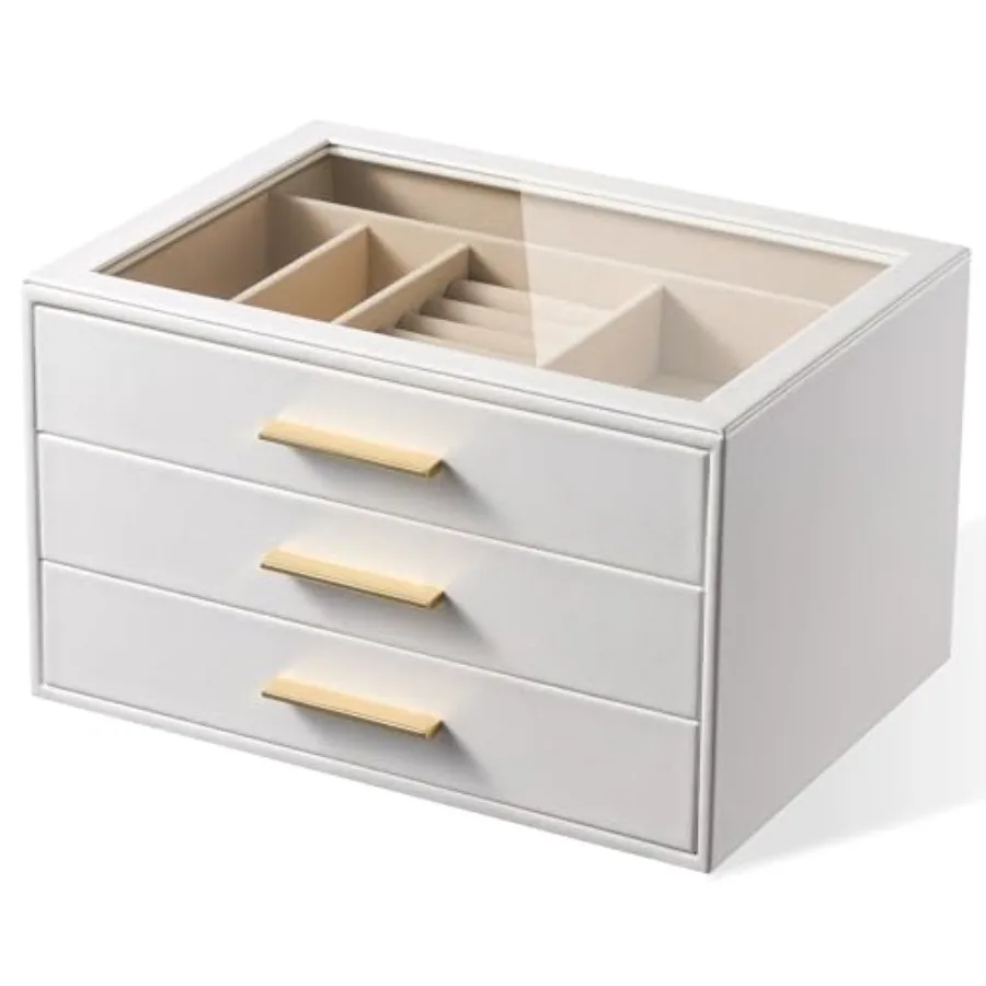 

Jewelry Box Organizer Case for Women: 3-Layer Jewelry Storage Case with Glass Window Pure White Leather with Velvet Holder for