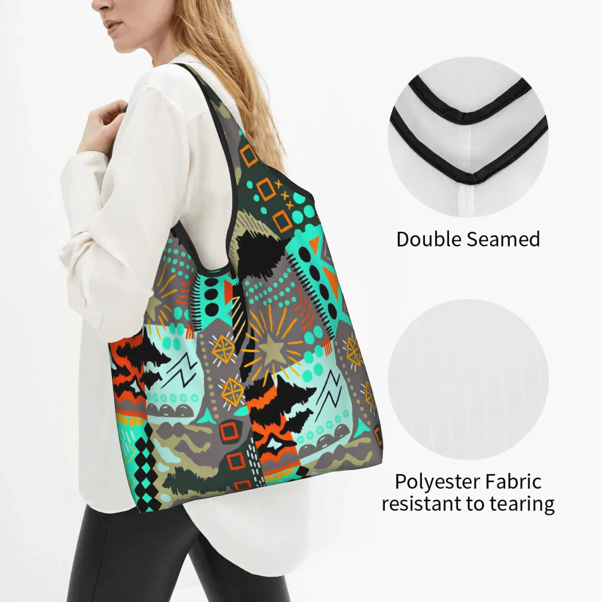 Reusable Graffiti Art Y2K Style Shopping Bag Women Tote Bag Portable Abstract Geometric Pattern Groceries Shopper Bags