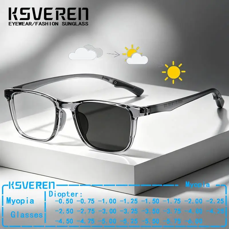 TR90 Square Frame Photochromic Myopia Glasses Men Women Sports Anti Slip Prescription Glasses Sun Color Changing -0.50 To -6.00