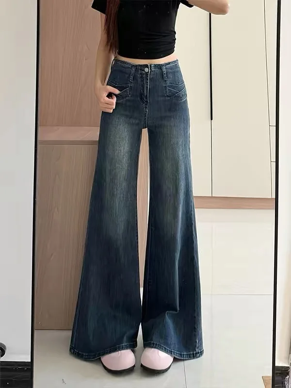 Retro Deep Blue Micro Flared Pants Women's Autumn New Style Pear Body Shape Drapey Slimming Lazy  Hoof Long Trousers