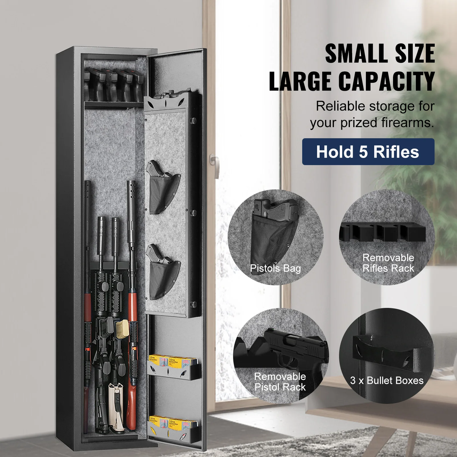 5 Rifles Gun Safe, Rifle Safe with Fingerprint Lock, Quick Access Gun Storage Cabinet for Shotguns with Removable Shelf, Pistol Rack, Ammo Storage Box for Home Long Gun and Pistols