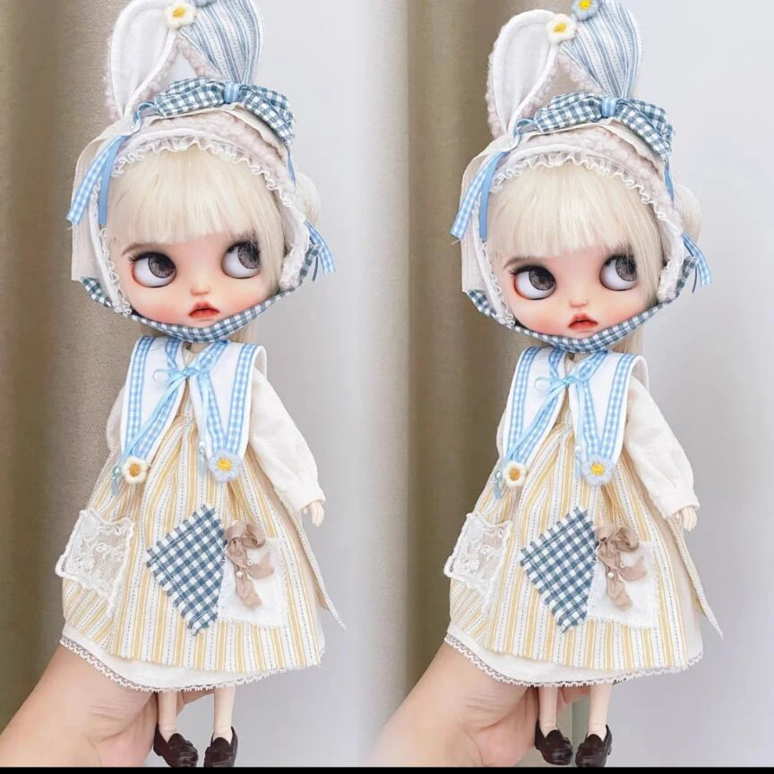 4pcs Forest style clothes blythe doll outfit Long skirt/striped vest skirt/small collar/rabbit hat(Fit for Pullip,Ob22/24/26)