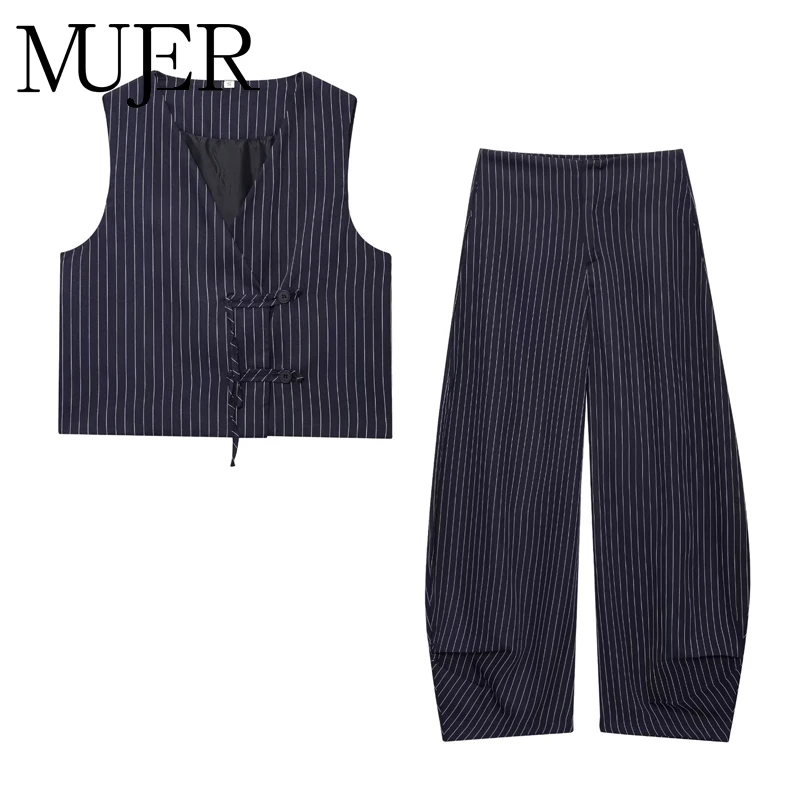 

MUJER 2025 Striped Pants Set Woman Balloon Wide Leg Pants for Women Sets Summer Mid Waist Women Trousers Suits Sleeveless Vest