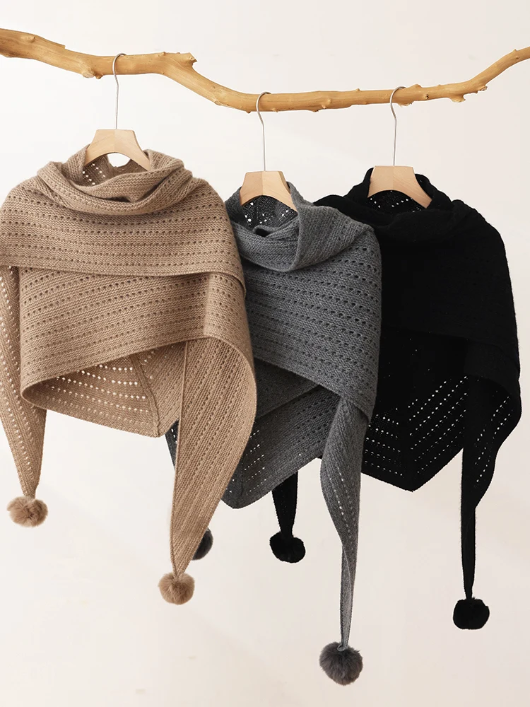 High-end Triangle Shawl Autumn Winter Women's Scarf Shawl Sweater 100% Cashmere Scarf French Style Warm Ornament Fur Ball Shawl
