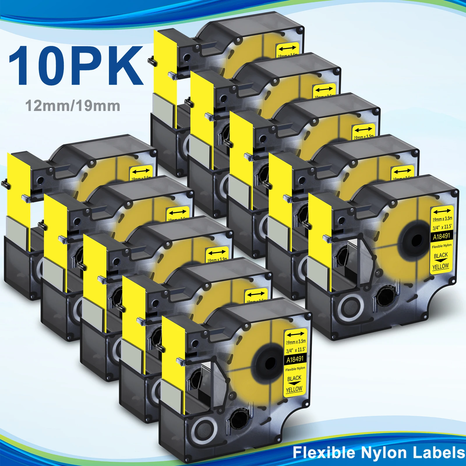 10Pcs 12/19mm Label Tape Compatible for Dymo 18490 18491 Flexible Nylon Labels Black on Yellow for DYMO Rhino 4200 Label Printer