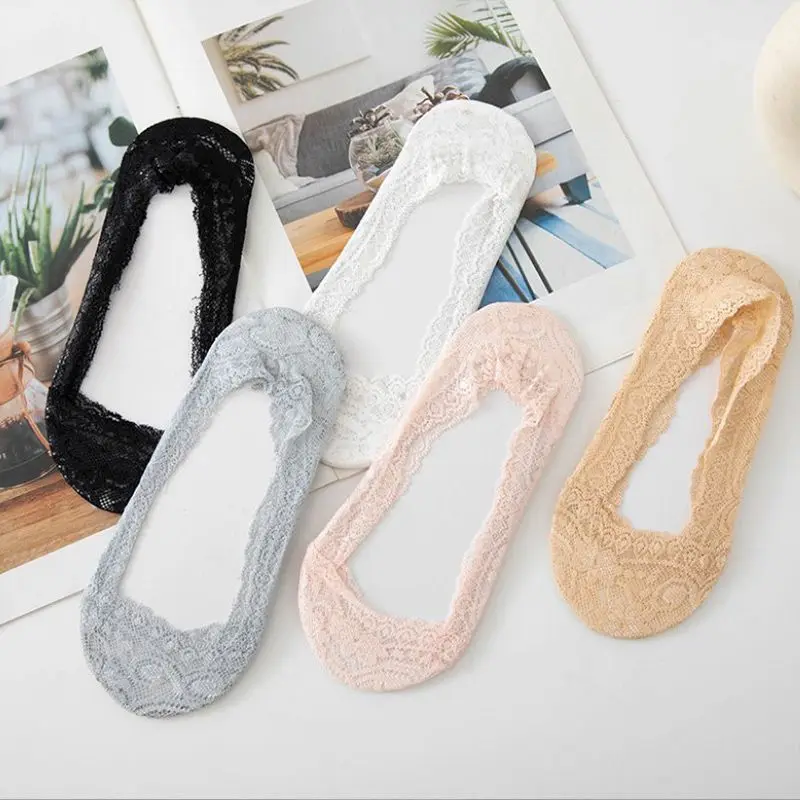 5 Pairs/Lot Women's Slippers Socks Invisible Boat Mesh Lace Thin Short Socks Female Summer Ankle Silicone No Show Socks Non-slip