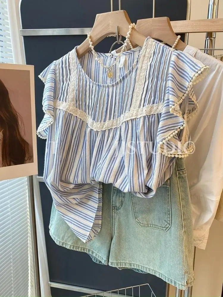 Summer Women Shirt 2024 New Gentle Style Striped Flying Sleeves Fashionable Shirt Temperament Loose Lace Splicing Tops