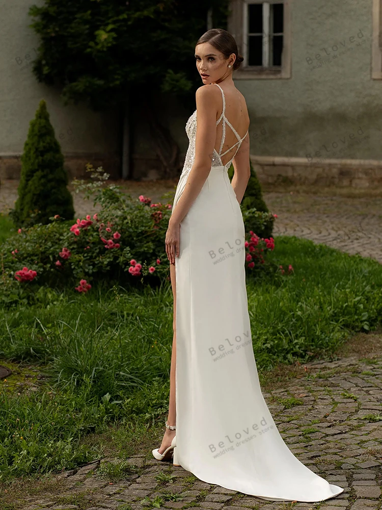 Preciosos Vestidos De Novia De satén, Vestidos De Novia con apliques De cuentas, batas sin mangas con espalda descubierta, Vestidos sexis De Novia personalizados 2025