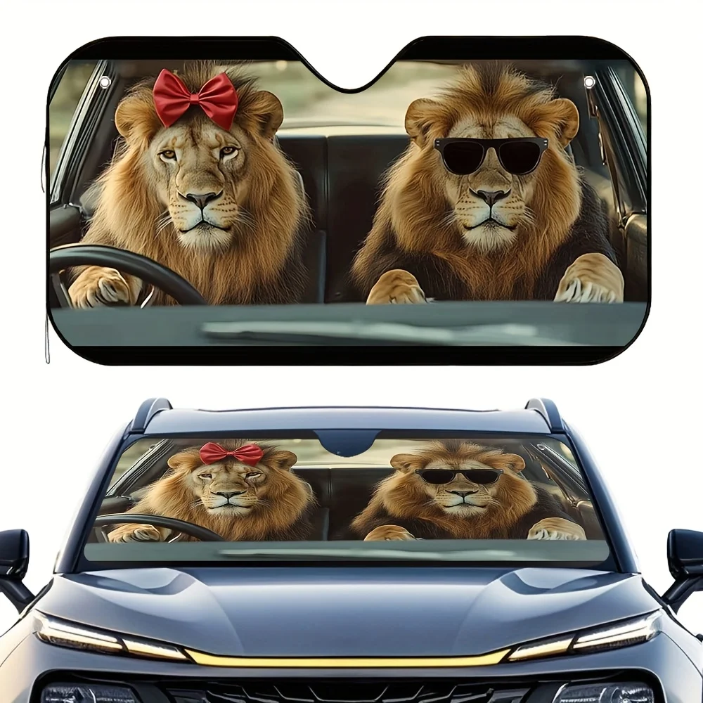 

1pc Lion Driving Tour Print Car Sunshade With 4 Suction Cups, Foldable Front Windshield Cover - Heat & Glare Reduction, Stylish