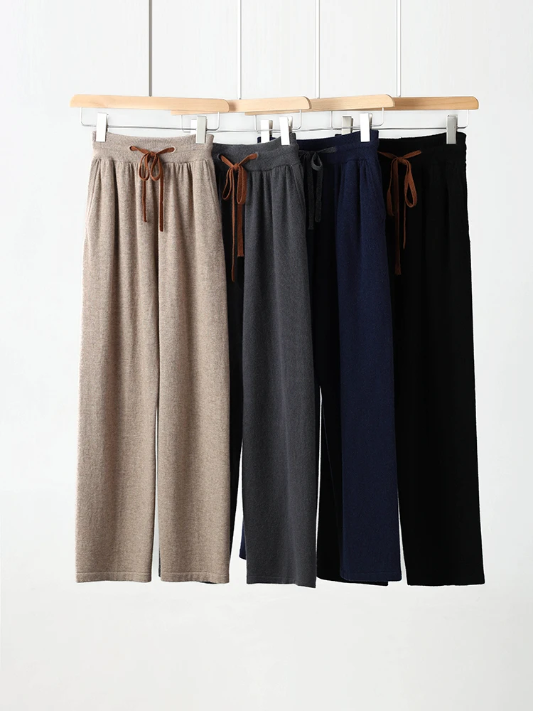 

New 100% Cashmere Straight Pants Men Elastic Waist Drawstring Trousers Autumn Winter Soft Regular Knitted Pockets Casual Pants