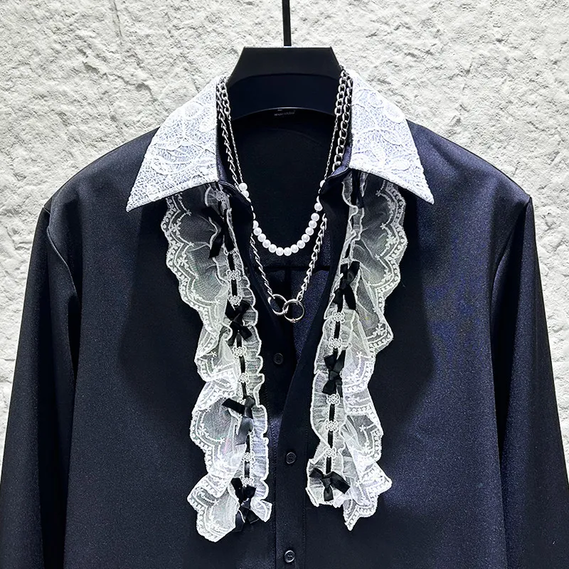 Luxury Fashion Design Shirt for Men Dinner Party Lace Patchwork Bow Long Sleeved Shirts Men Banquet Stage Performance Costume