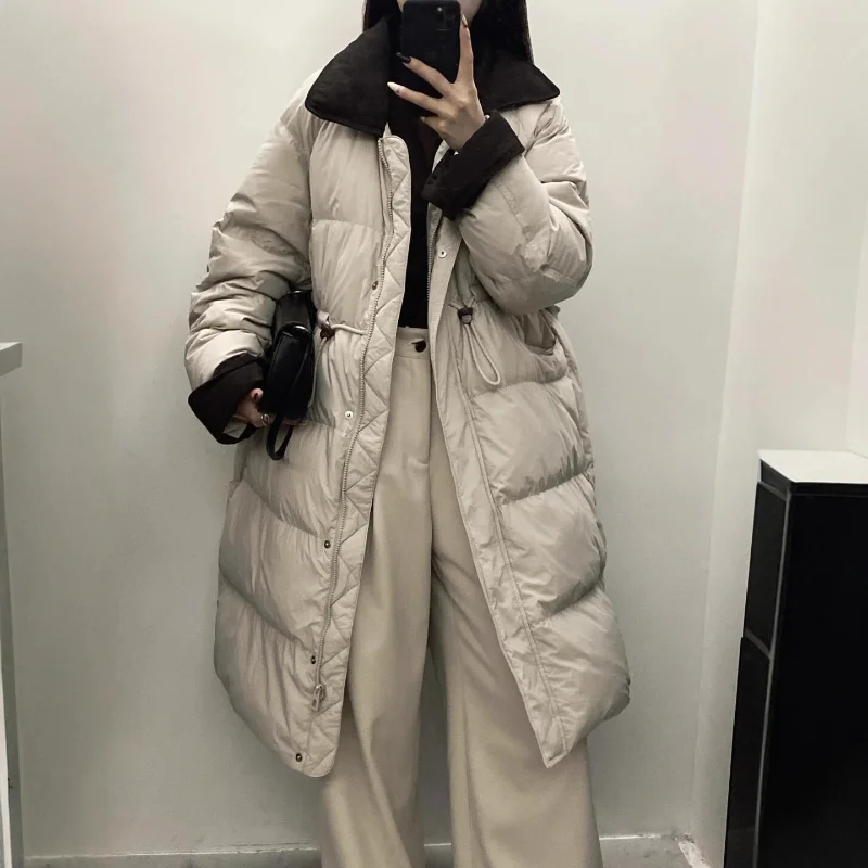 Doudoune longue en velours côtelé pour femme, manteau à revers, amincissant, épais, polyvalent, tendance, automne et hiver