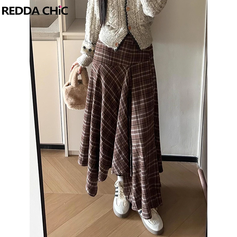 

ReddaChic Women Swing Ruffle Plaid Skirt Irregular Patchwork High Waist Casual Asymmetric Draped Long Maxi Skirt Vintage Clothes