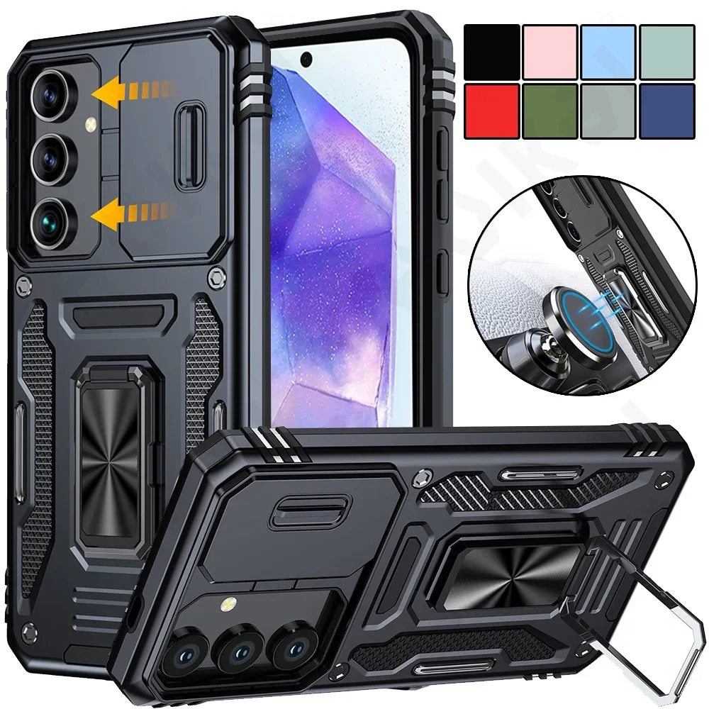 

Case For Samsung S24 S23 S22 S21 S25 Ultra Plus FE A55 A35 A15 A54 A56 A36 4G 5G Ring Stand Armor Slide Camera Kickstand Cover