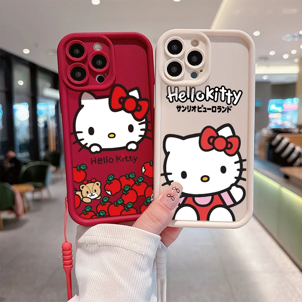 귀여운 헬로 키티 레드 Appl 전화 케이스 for IPhone 15 14 13 12 11 Pro Max Mini XR XS X 7 8 Plus 소프트 TPU 뒷면 커버(핸드 스트랩 포함)