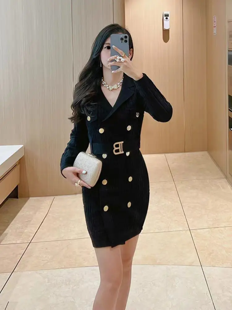 

Spring And Autumn New Fashionable Temperament Commuter Suit Collar Pattern B-Shaped Buckle Slimming Long Sleeve Knitted Dress