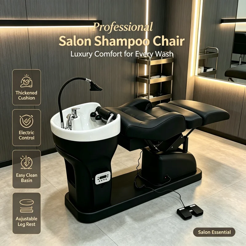 Electric Shampoo Chair Backwash Unit Water Circulation Ceramic Bowl Reclining Hair Salon Sink Foot Pedal Control OEM