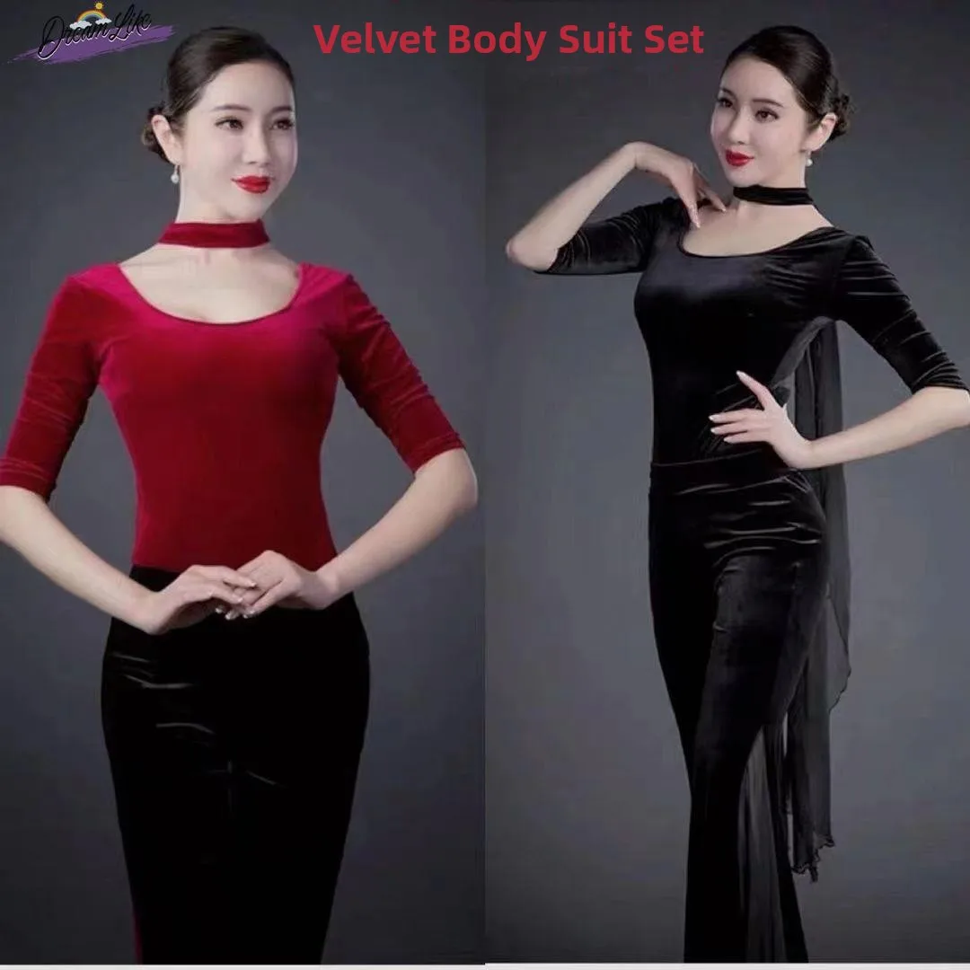 

Autumn Winter Gold Velvet Dance Training Modern Dance Elegant Manner Mentor Ceremony Catwalk One-Piece Suit Form Body Suit Set