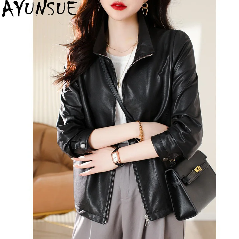 AYUNSUE 100% シープスキンリアルレザージャケット女性 2025 黒レディースコート春秋服ストリート Jaqueta デ Couro