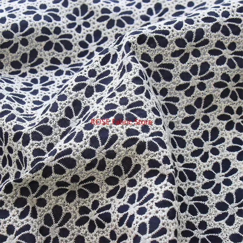 Navy Blue Flower Embroidered Pure Cotton Fabric for skirts, Gown, dress, blouse, tops, table cover