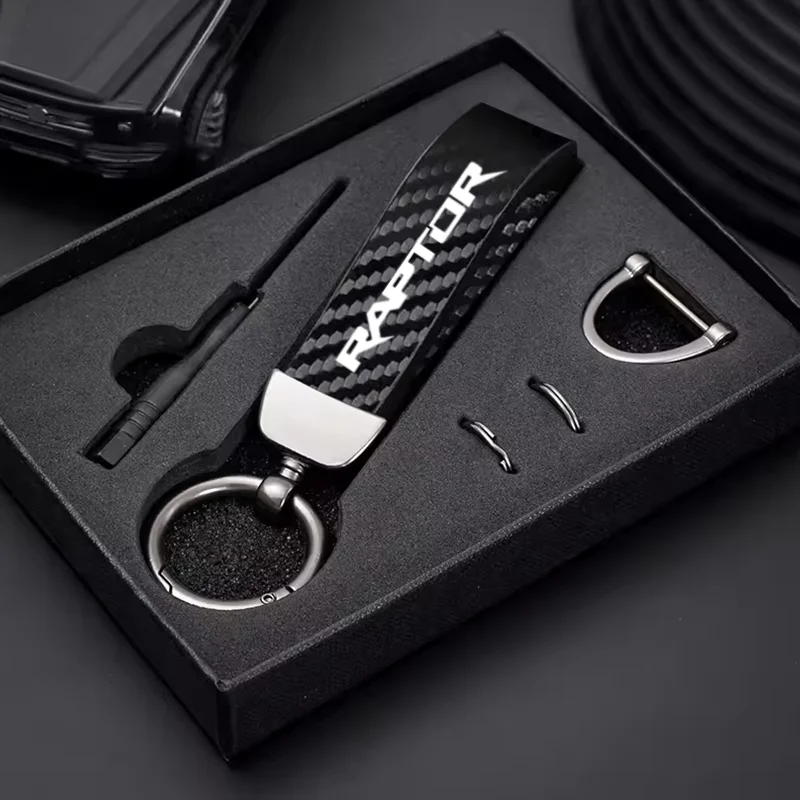 

Car Carbon Fiber Leather Keychain Horseshoe Buckle Jewelry For Ford Raptor SV1 F150 F250 F350 Mustang Mondeo 5 Kuga RANGER Fiest