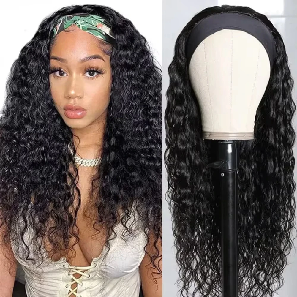 

100% Human Hair Water Wave Headband Human Hair Machine Made Wig Peruvian Remy Human Hair For Women Natural Black Curly Wigs
