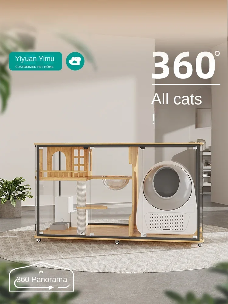 Panoramic Cat Villa Fully Transparent Glass Cat Cabinet Cat Nest Solid Wood