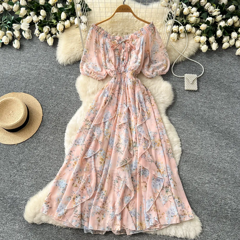 Off Shoulder Puff Sleeve Sundress - Zarif Basamaklı Fırfırlı Çiçekli Yazlık Elbise