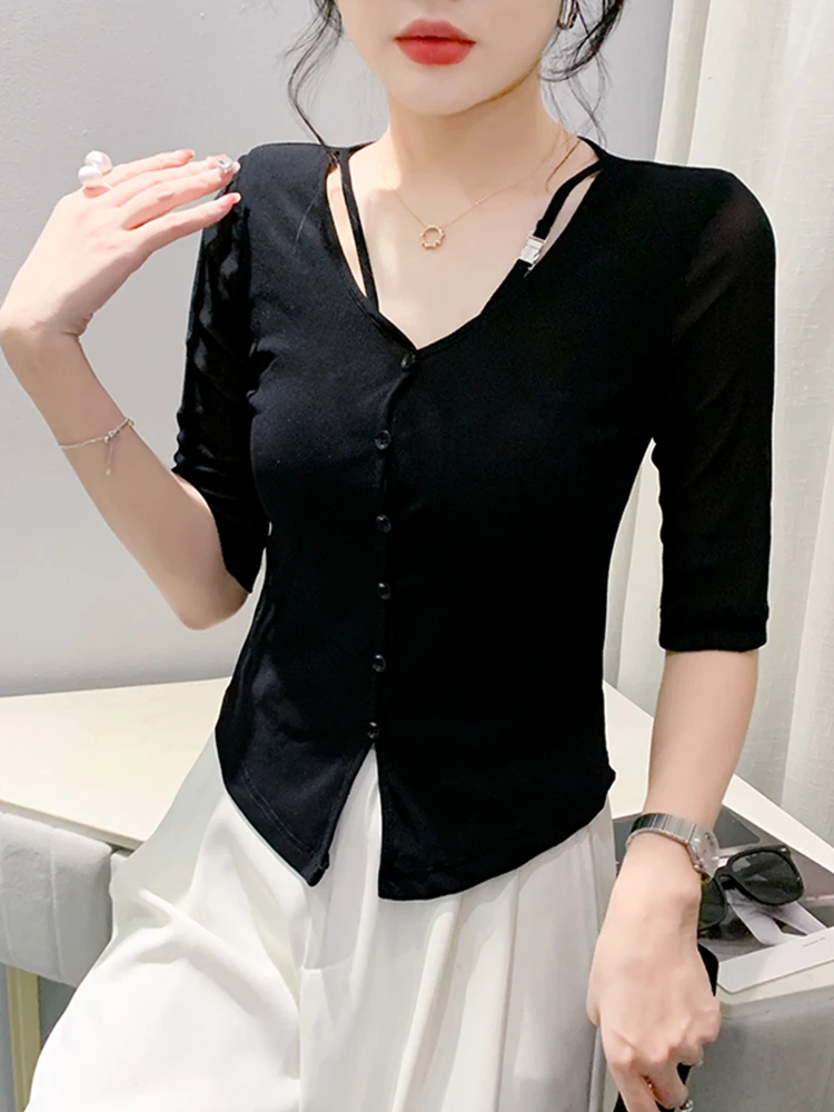 Bla Me Camiseta feminina verão sexy profundo V-ne apertado assimétrico fenda cinco quartos Sve Street Sle Slim Fit T-irt