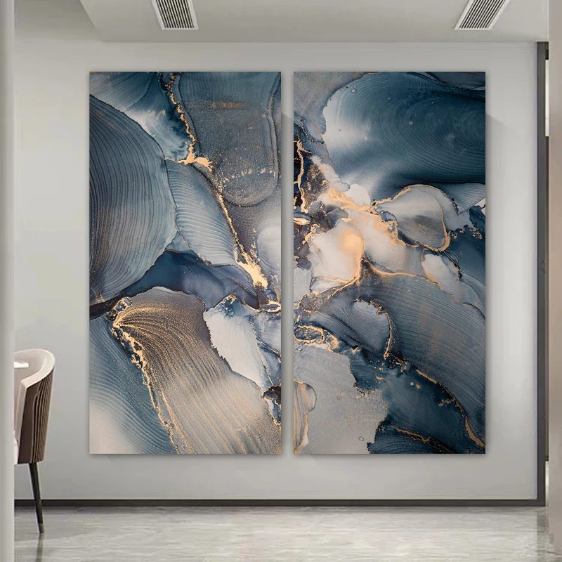 3 Panels Abstract Golden Blue Canvas Paintings  Big Size Marble Posters And Prints Wall Art Pictures for Living Room Home Decor