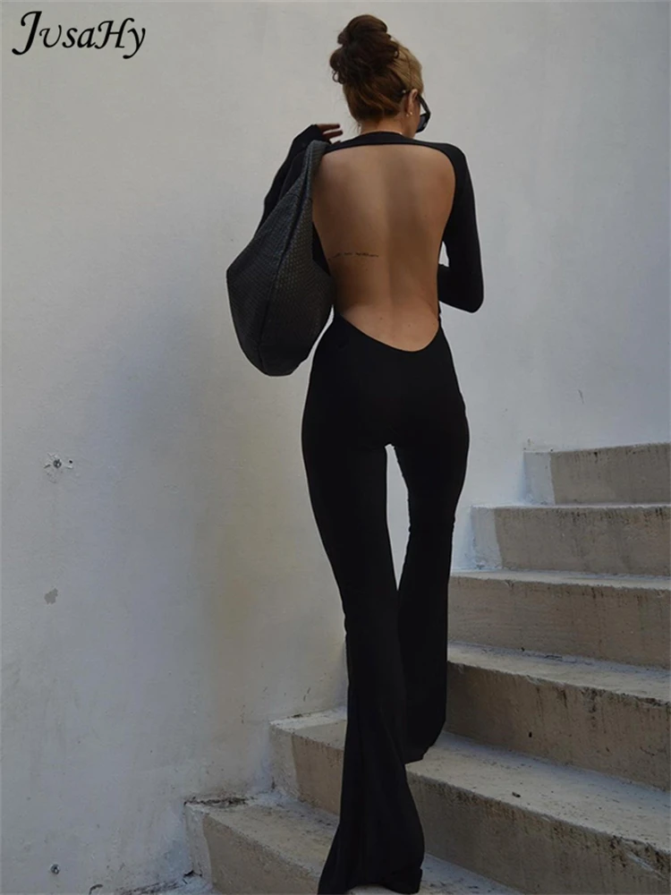 JuSaHy Summer Y2K Solid Black Basic Bodysuit for Women Fashion Long Sleeves Halter Backless Flare Pants Simple Casual Streetwear