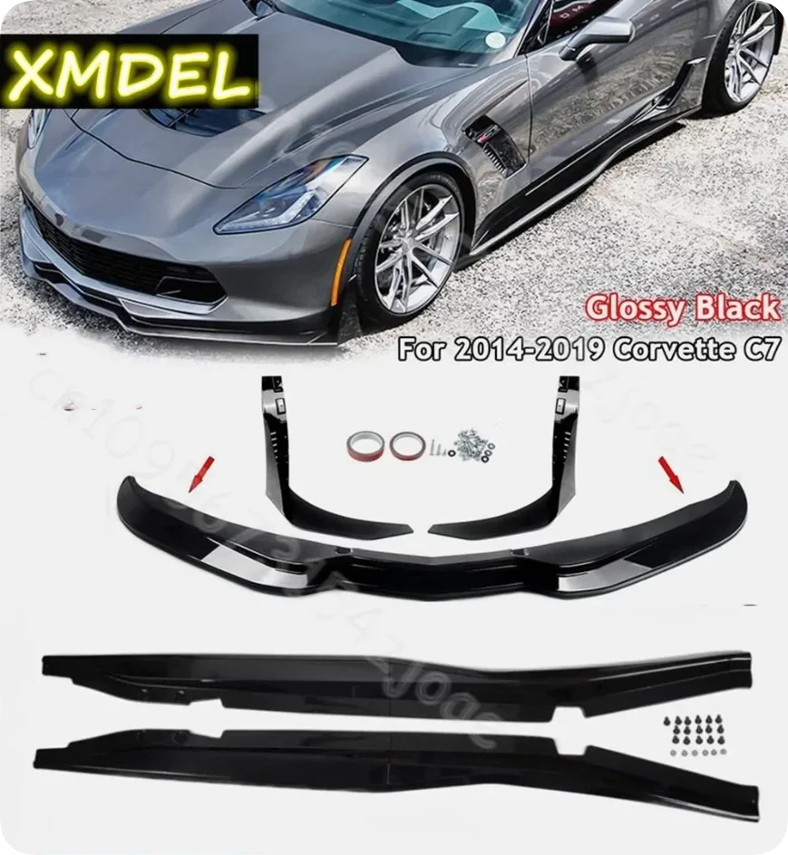 For 2014-19 Corvette C7 Z06 Stage 3 CARBON LOOK Front Lip Winglets & Side Skirts