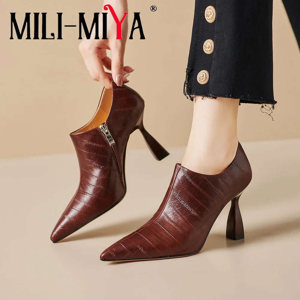 

MILI-MIYA Fashion Eel Motif Cow Leather Women Pointed Toe Pumps Thick Heels Solid Color Zippers Career&Office Shoes For Ladies