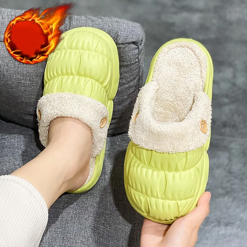 Men's and Women's Couple Style Autumn and Winter Warm Cotton Slippers, Eva Integrated Waterproof Thick Sole, Plush Lining, Suitable for Home and Outdoor Use