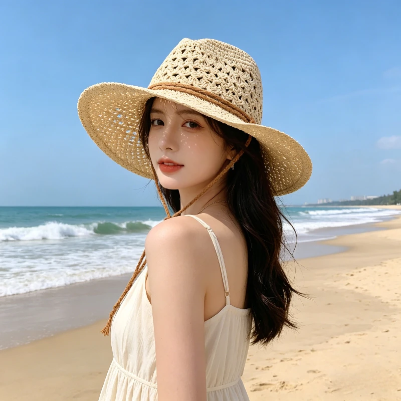 1 Piece Women's New Summer & Spring Sun Protection Lattice Ventilation Western Cowboy Straw Hat for Outdoor Beach Wear