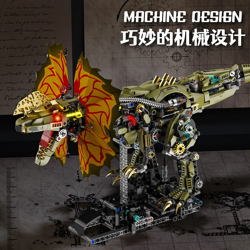 Technische mechanische Dilophosaurus Bausteine Kit MOC Dual-Crested Dinosaurier Double Spined Eidechse Modell Ziegel Spielzeug für Kinder