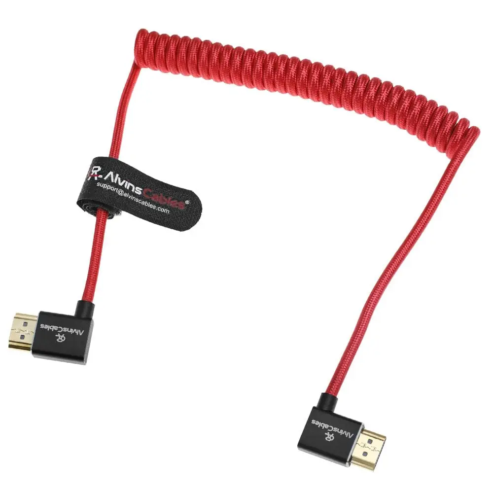 Kabel Alvin's Cables 8K HDMI 2.1, kabel 8K 60Hz 4K 120Hz High-Speed do monitora Atomos Ninja, kabel spiralny w oplocie, kątowy z lewego na prawy. — zdjęcie produktu 6