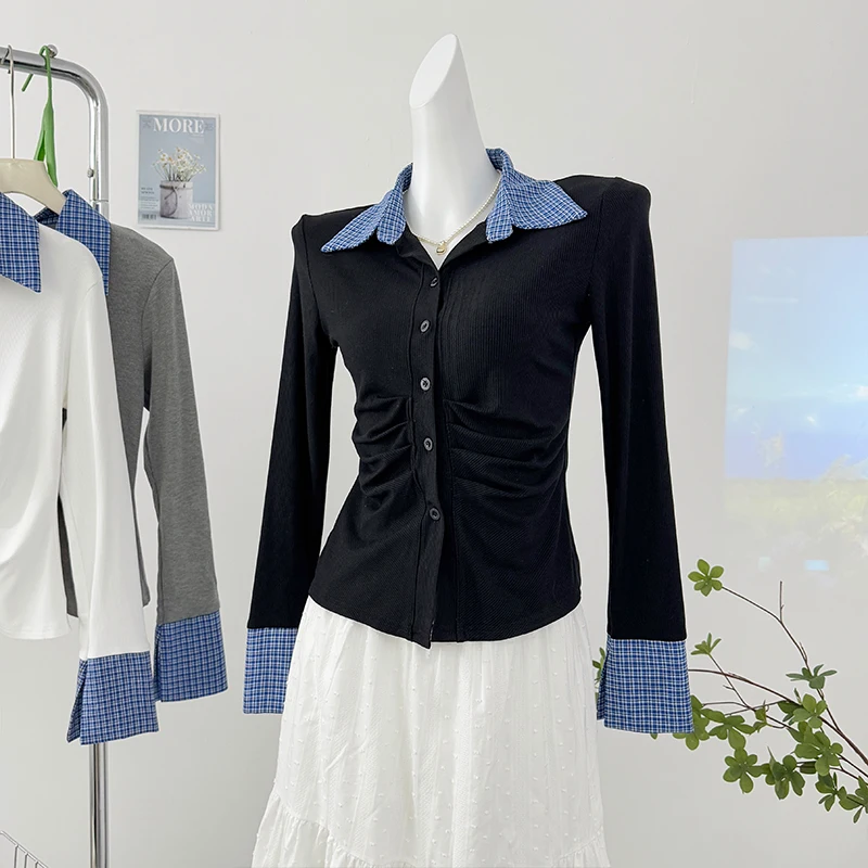Color Blocking Patchwork Lapel Long Sleeve Shirt 2025 New Spring Women's Single Breasted Pleated Slim Fit Short Commuting Top