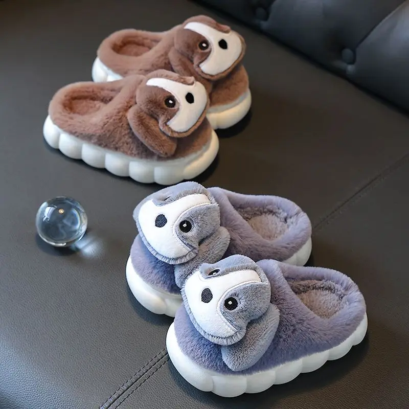 

Winter Kids Warm Ankle Boots Cute Dog Print Plush Lined Non Slip Slippers for Boys Girls Indoor Outdoor Cotton Shoes
