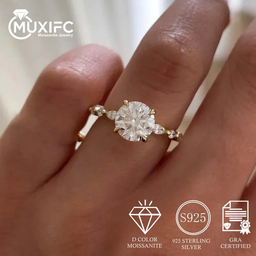 MUXIFC 3 Carat Round Cut Moissanite Wedding Ring For Women S925 Sterling Silver Plated 18k Gold GRA Certificate Engagement Band