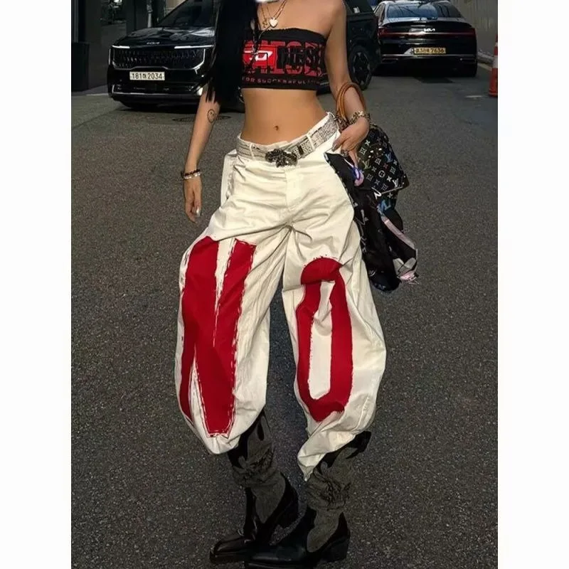 

Джинсы в стиле 2000-х годов, винтажные оверсайз брюки в стиле Харадзюку, хип-хоп джинсы, женские белые джинсы с буквенным принтом Y2K, свободные джинсы 2026