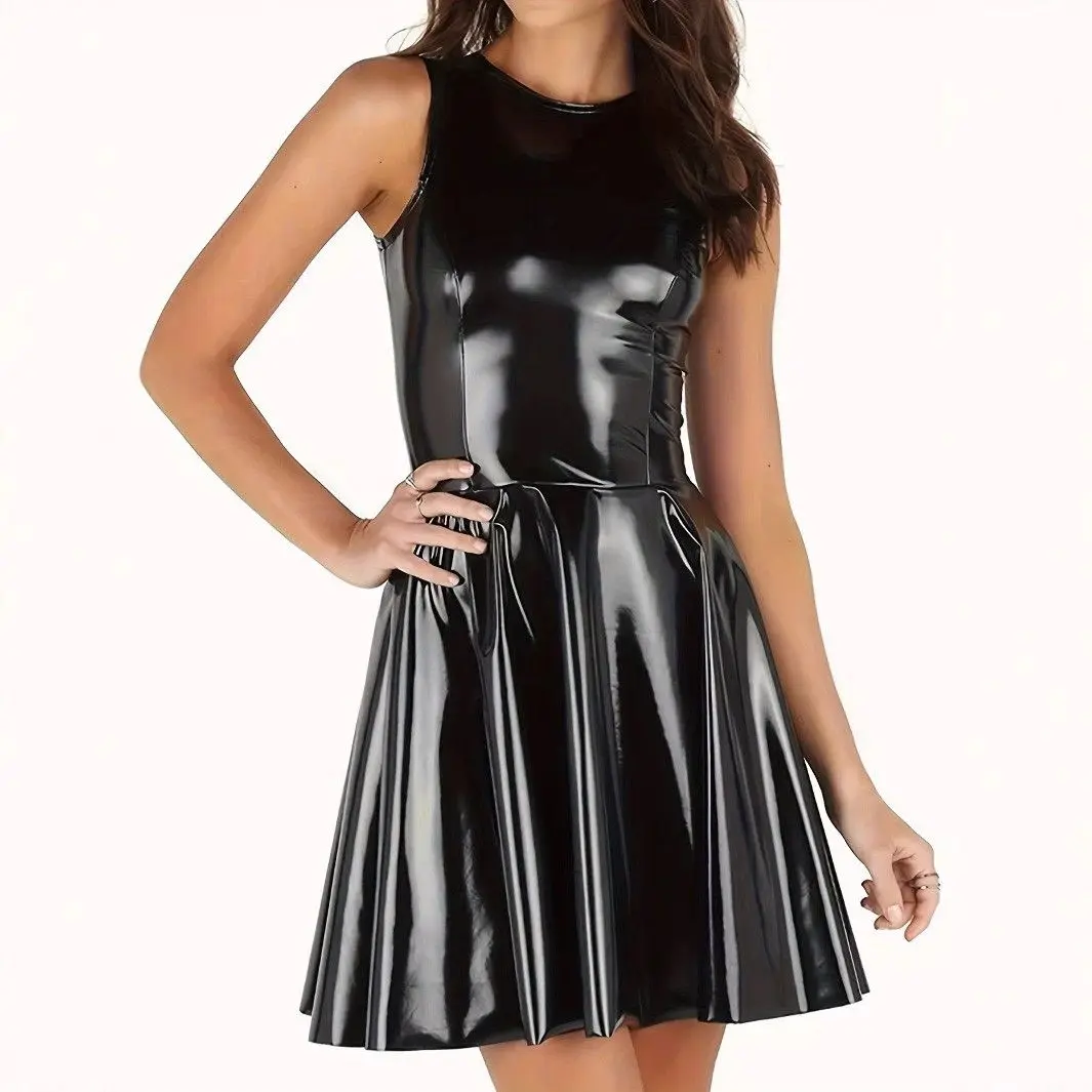 

Sexy Short PU Leather Dress Women's Bright Surface Leather A-Line Skirt Dress City Walk Side Zipper round Neckline No Sleeve