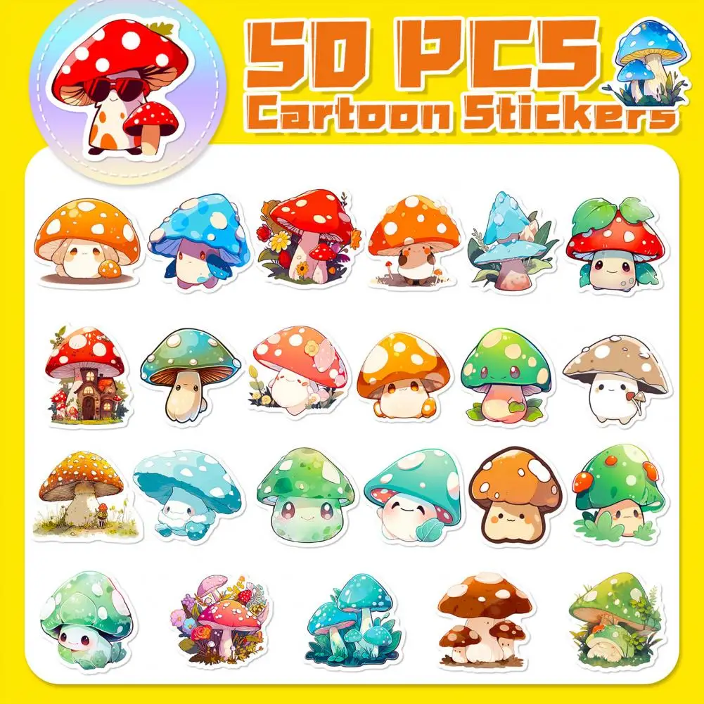 No-trace Adhesive Stickers 50pcs Cartoon Mushroom Pattern Stickers for Water Bottles Laptops Notebooks Cute Decorative for Teen