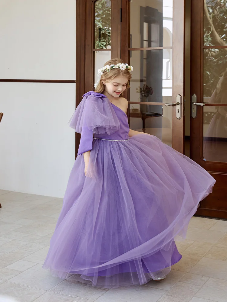 Vestido de niña de flores moradas para boda, tul con cuentas, un hombro con lazo, largo hasta el suelo, vestido de princesa, vestidos de fiesta de cumpleaños para niños