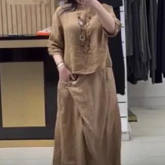 

2025 Four Seasons, новые модные женские хлопковые льняные повседневные модные однотонные комплекты из 2 предметов, футболки с рукавами три четверти, футболки