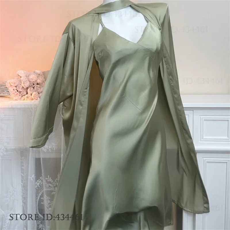 

Elegant Ice Silk Female Twinset Robe Set Nightgown Sexy Backless Nightgown Lingerie Spring Summer New Sleepwear Homewear Pajama